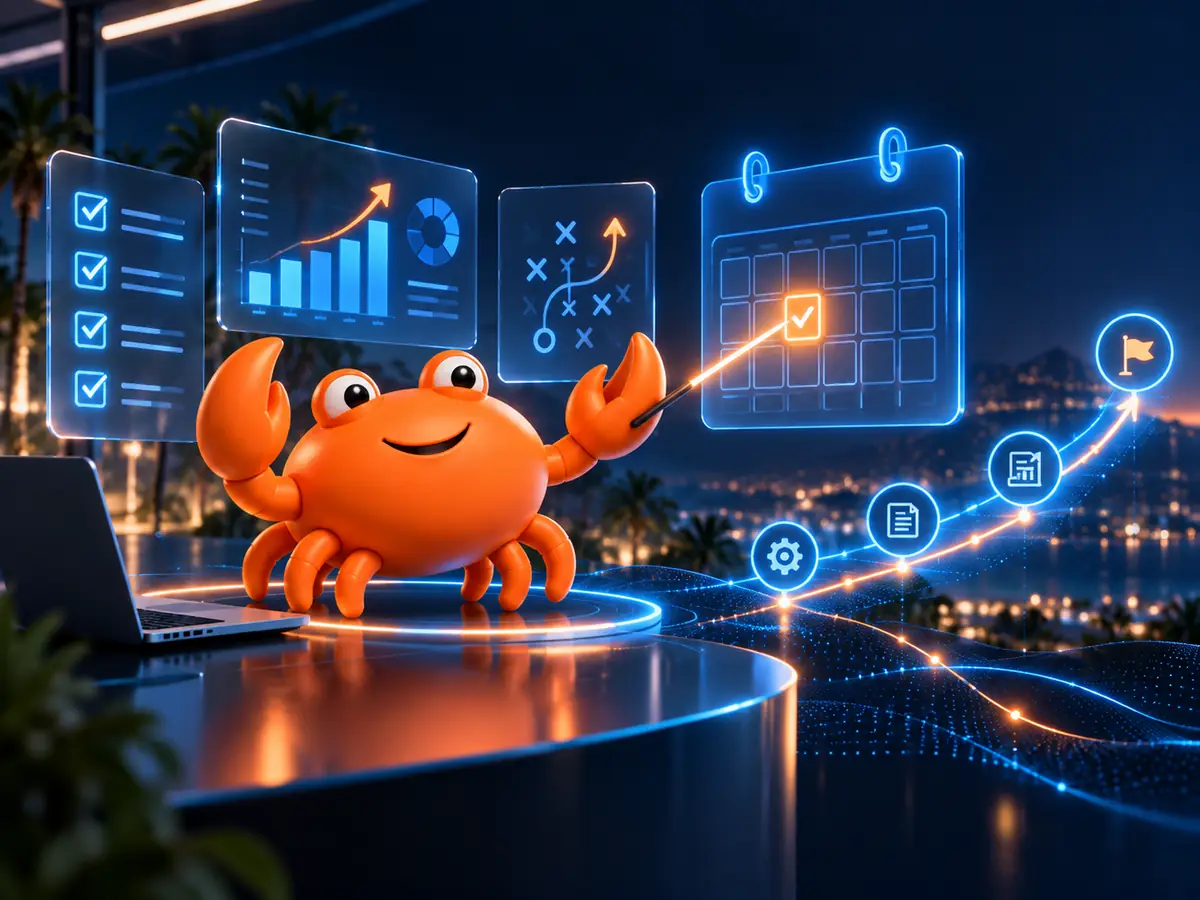 Mascota cangrejo de Mr Crab 7 señalando un calendario y una hoja de ruta de hitos
